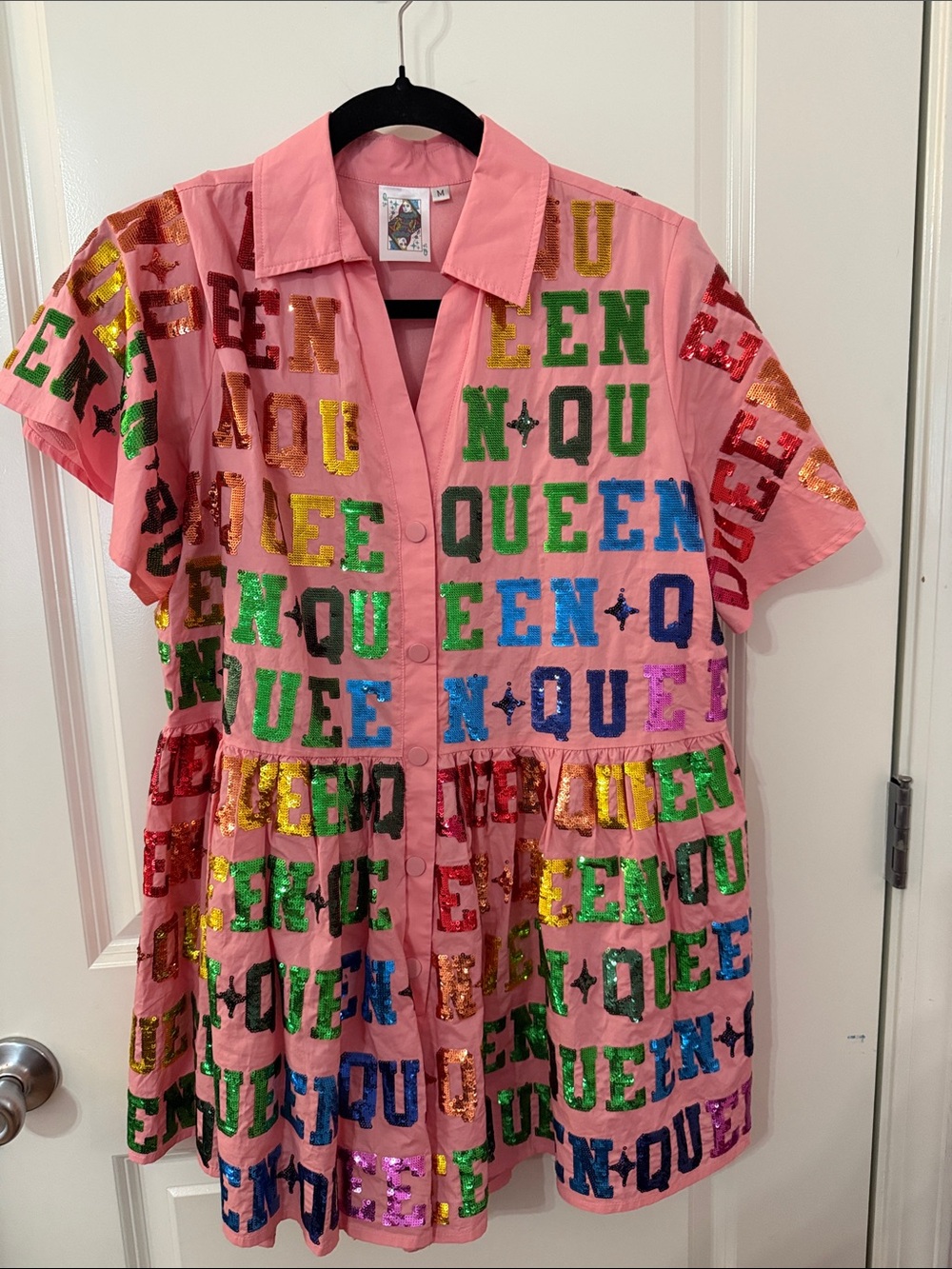 ⭐️Queen of Sparkles ⭐️Pink Sequin "QUEEN" Button-Front Short Sleeve Romper - Picture 1 of 3